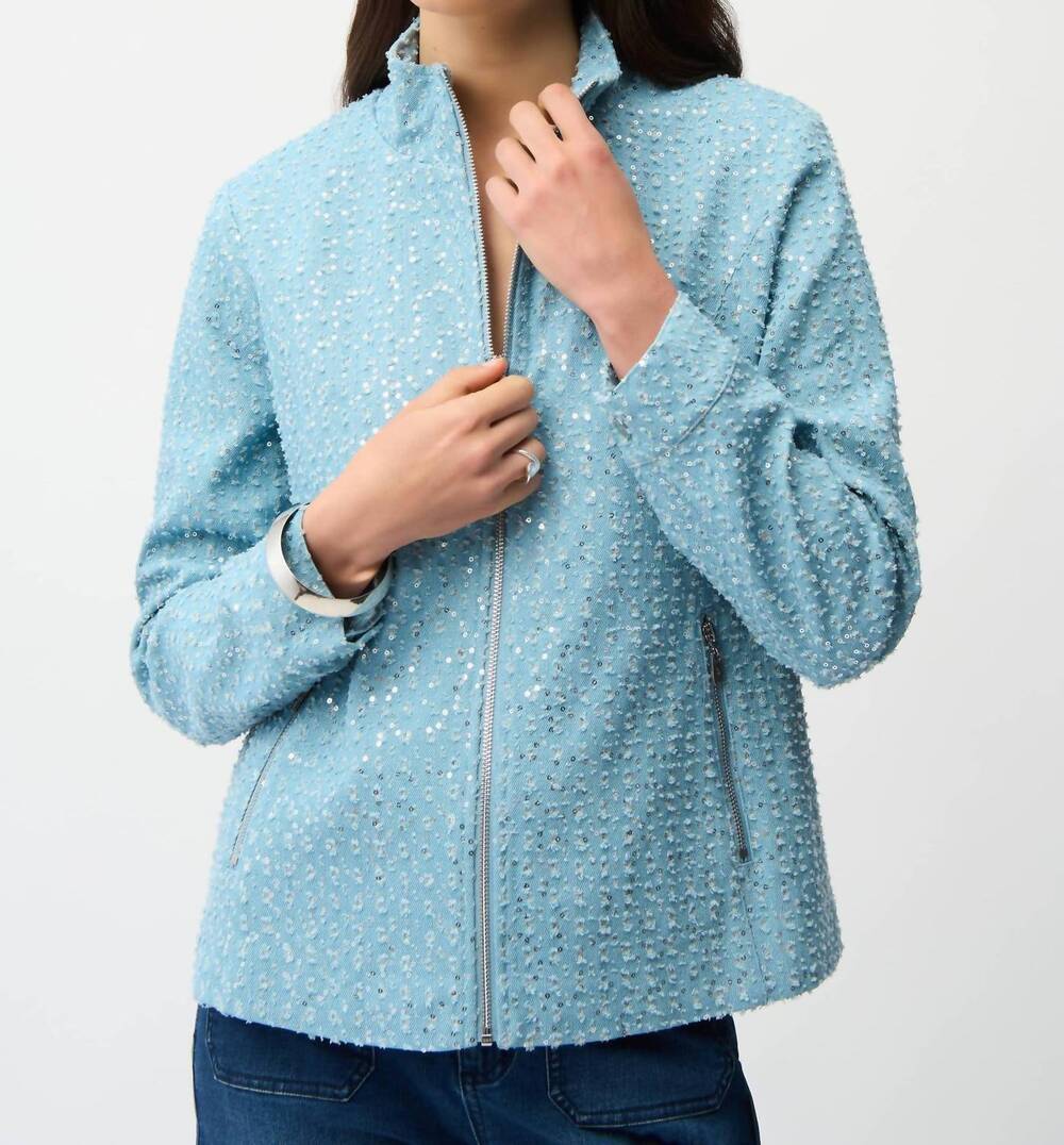 NEW JOSEPH RIBKOFF sequined zip front denim jacket in sky blue